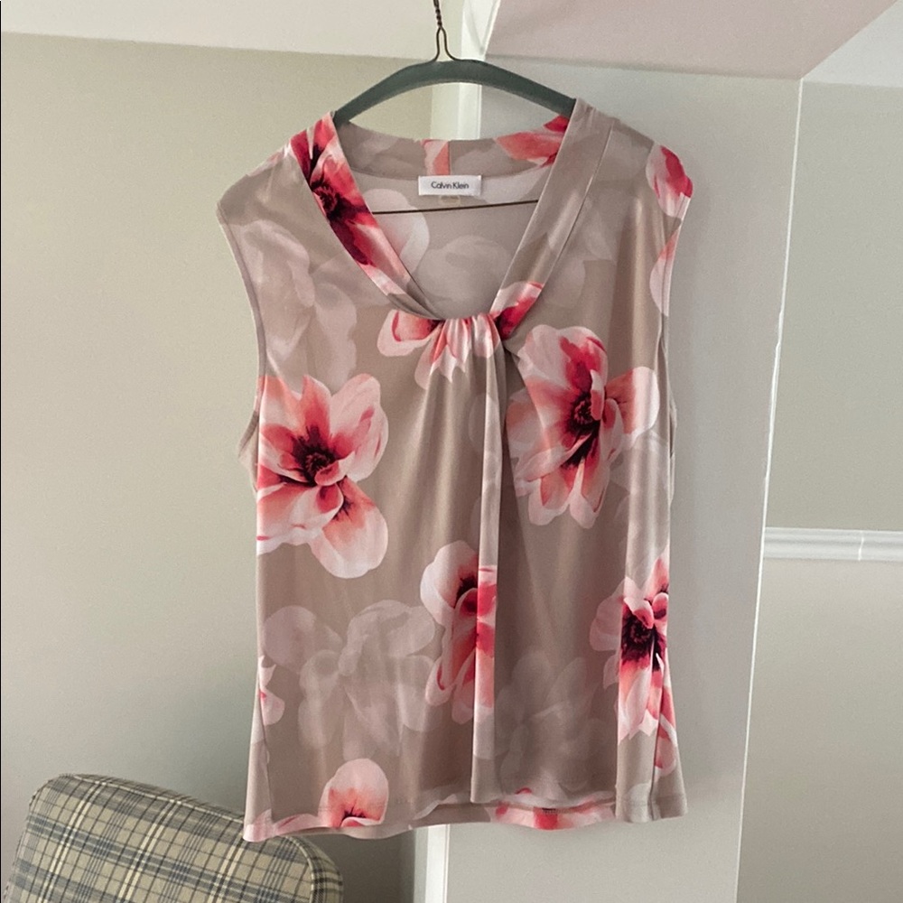 Calvin Klein Sleeveless Pink and White Tie Front Blouse